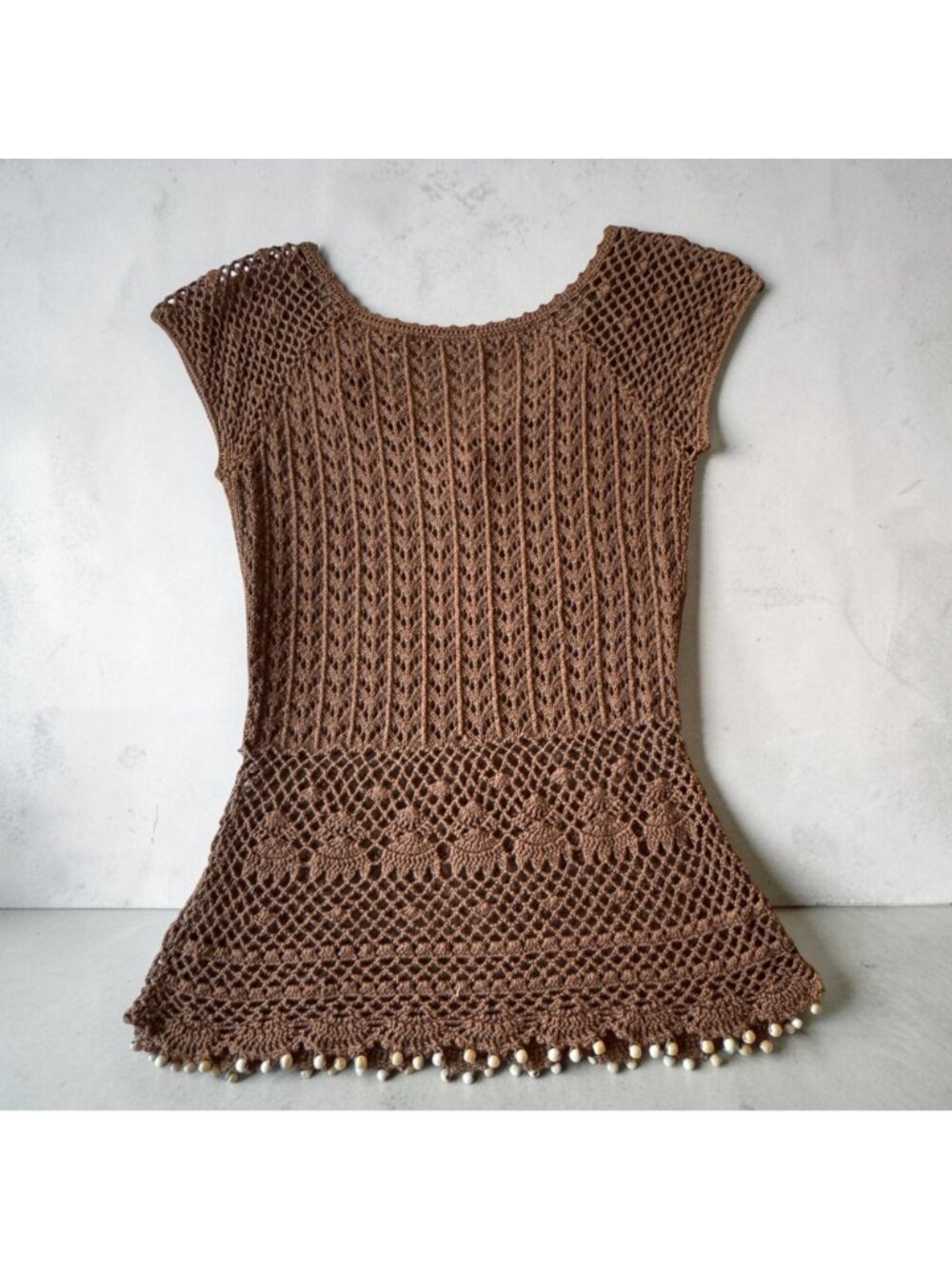 Crochet Brown Tunic Top Retro Boho with Cap Sleeves Tie Neck Detailed Bead Hem - Picture 2 of 13